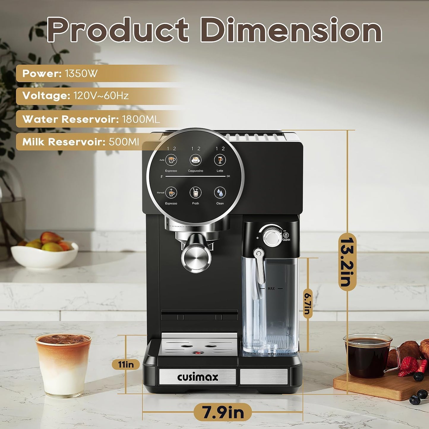 CUSIMAX Expresso Coffee Maker with Milk Frother, Cappuccino Machine Makes Espresso, Cappuccino, and Lattes with One-Touch Ease, and the Manual Mode Makes Creative Coffees with Cleaning Function