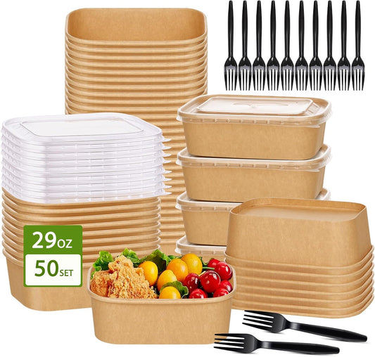 DI QIU REN 50-Pack 29oz Disposable Kraft Paper Bowls【with Lids and Forks】, Meal Prep Containers Disposable Large Paper Bowls Leakproof Take Out To Go Food Containers, Microwave Safe for Hot/Cold Food
