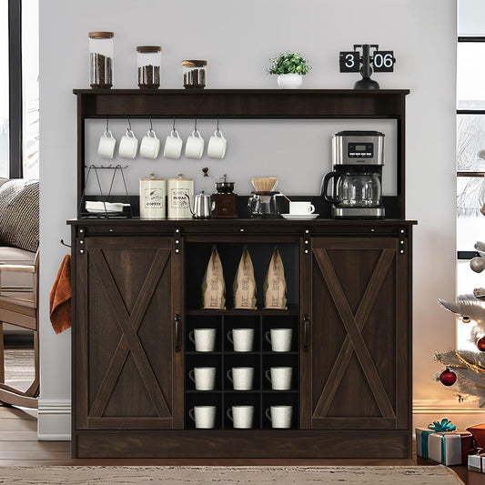 4ever2buy Farmhouse Coffee Bar Cabinet with Hutch and 6 Hooks, 47 Inch Wine Cabinet with Storage, Kitchen Buffet Cabinet with Adjustable Shelves &9 Wine Racks for Living Dining Room, Dark Oak