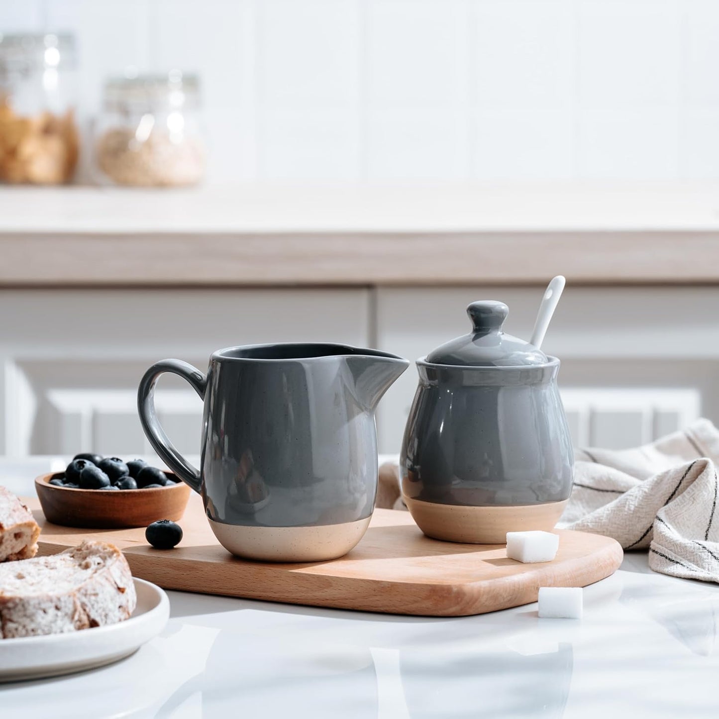 famiware Milkyway Ceramic Sugar and Creamer Set, 10oz Sugar Bowl & 13oz Creamer Set – Stoneware Milk Pitcher & Sugar Dispenser for Coffee Bar, Kitchen, or Countertop, Coffee Serving Set, Dark Gray