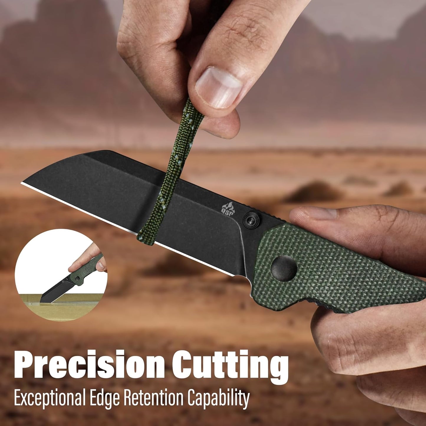 QSP Penguin V2 Folding Pocket Knife, 3.06" D2 Black Stonewash Blade EDC Knife, Green Micarta Handle, Liner Lock, Ceramic Ball Bearings, Reversible SS Deep Carry Clip