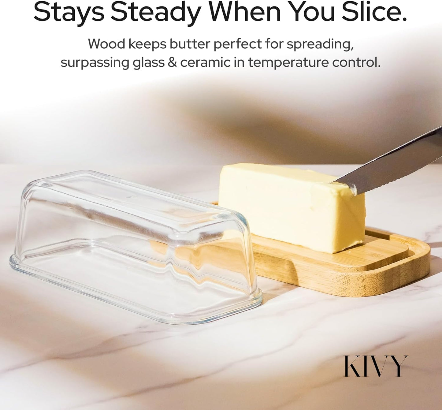 KIVY Glass butter dish with airtight lid that keeps butter soft - For countertop and refrigerator door shelf - Butter tray with lid fridge - Butter holder for counter - Covered butter dishes