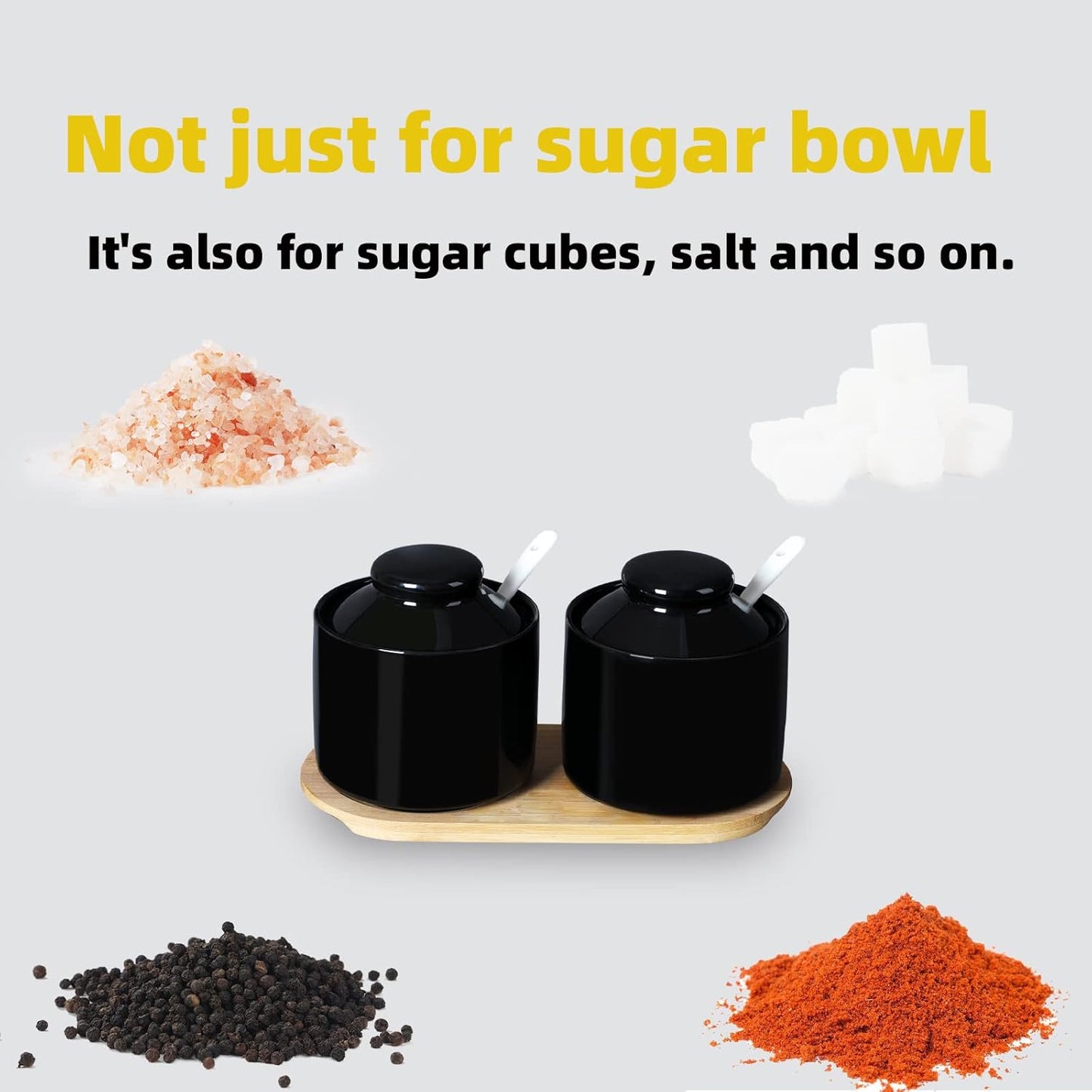 ONTUBE Ceramic Sugar Bowl with Lid and Spoon Set of 2,Porcelain Seasoning Box Salt Bowl with Tray,8oz (Black)