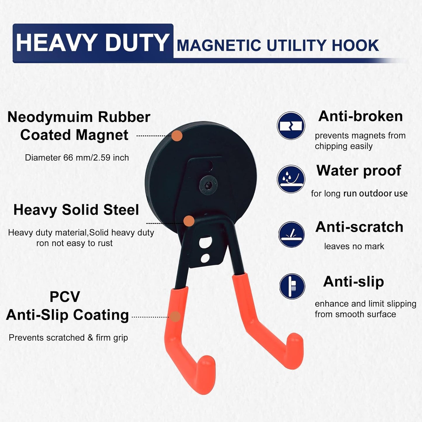 TSUYA 4 Pack Heavy Duty Large Garage Magnet Hooks, Strong Storage Utility Magnetic Hooks with Anti-Slip Rubber Coating for Hanging (Orange Hook, 2.6‘’ Diameter Base)