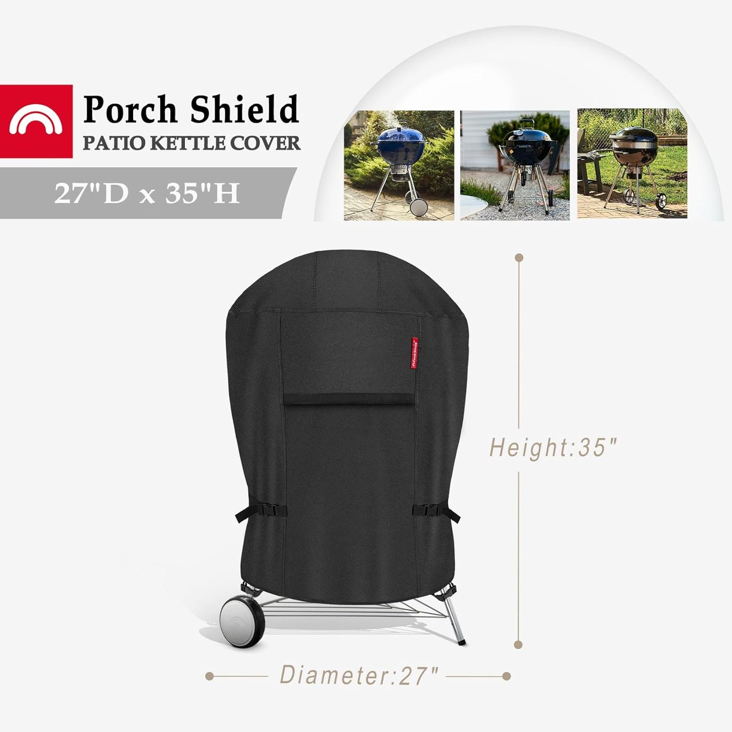 Porch Shield Outdoor Charcoal Kettle Grill Cover 22 inch Waterproof 600D Round Smoker Cover Fits Most Kettle Grill 27" Dia x 35" H, Black