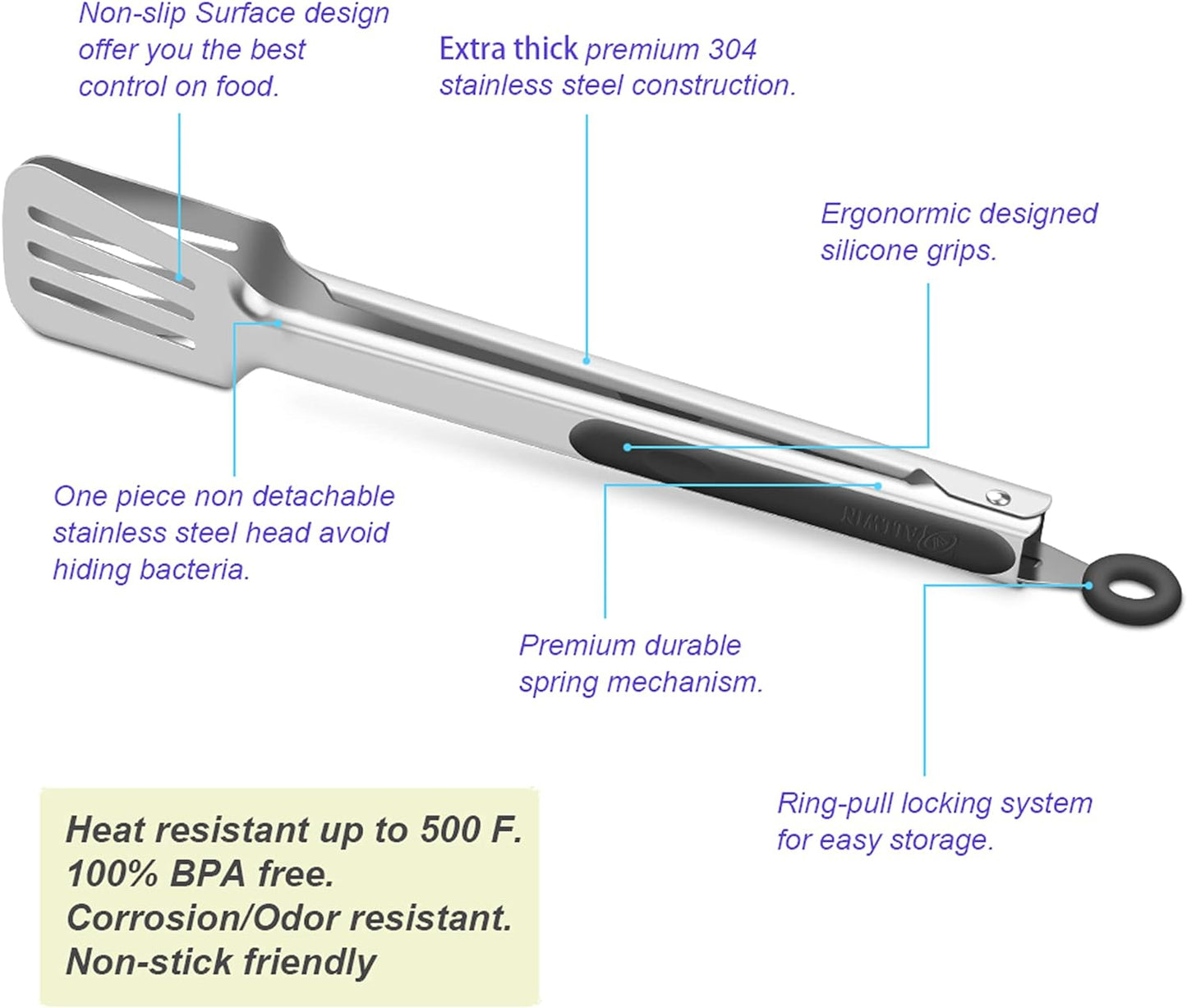 Premium 304 Stainless Steel Barbecue Turners, Heavy Duty Non-Stick BBQ Cooking Kitchen Tongs