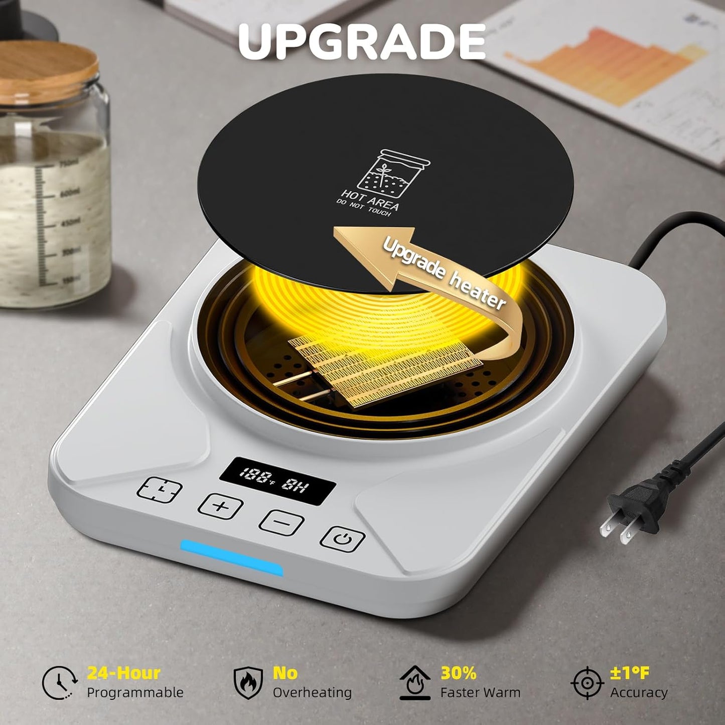 Sourdough Starter Warmer Mat - 24H Timer - Precise 1°F Thermostat Control (70-100°F) - Smart Memory Warming On/Off - Fits Jars Up to 40oz - Perfect for Home Baking (White)