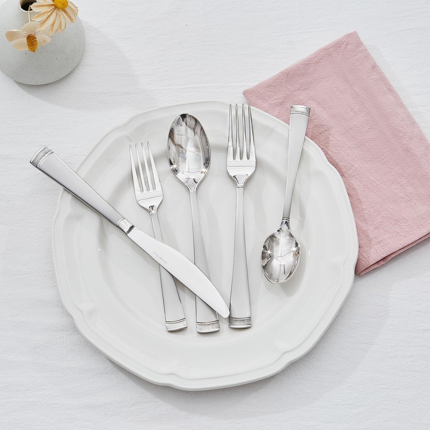 KINGSTONE Silverware Set, 65-Piece Flatware Set for 12, 18/10 Stainless Steel Cutlery Set with Bead Edge, Utensil for Kitchen, Home, Party, Wedding, Mirror Polished, Dishwasher Safe, Featured Gifts