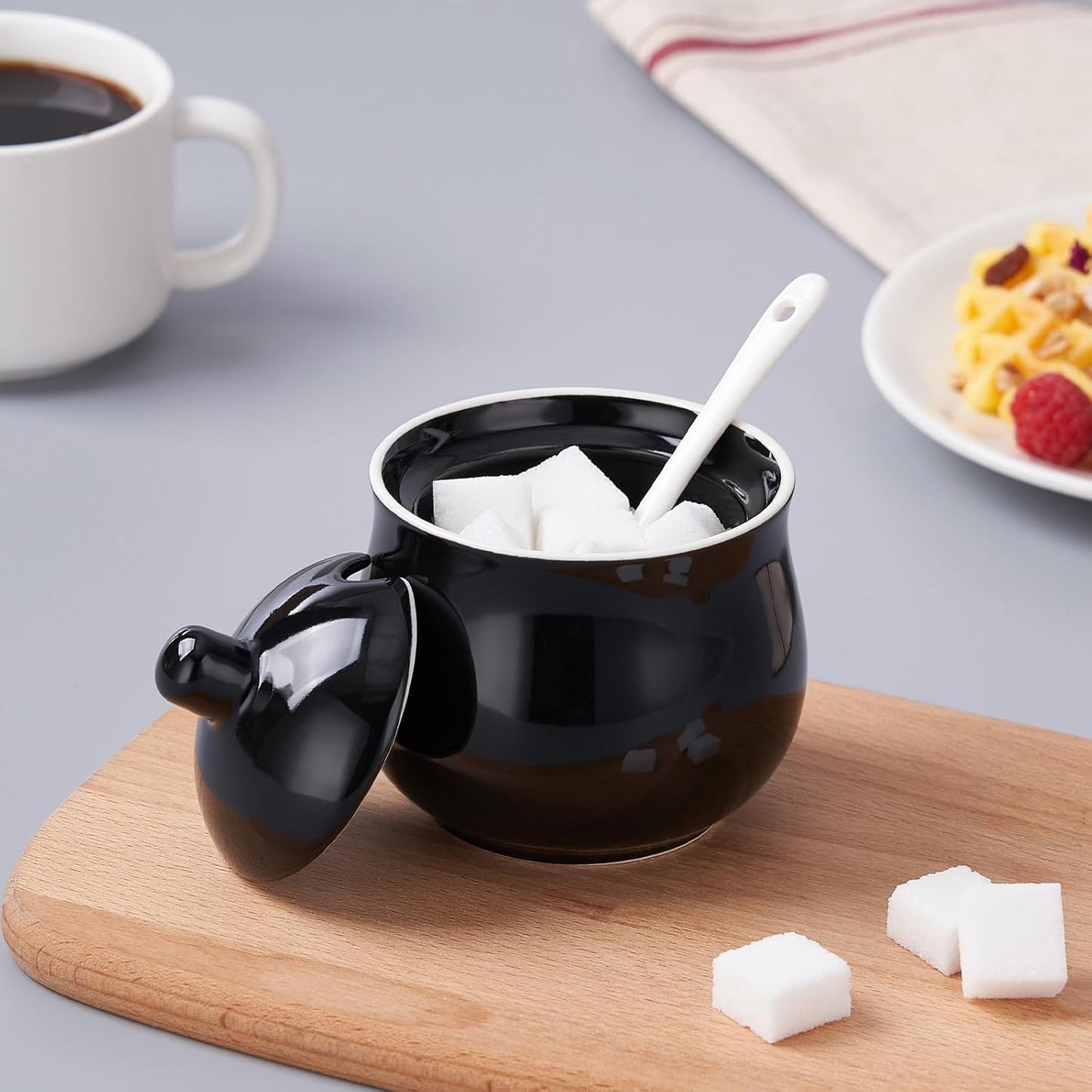 Ceramic Sugar Bowl with Lid and Spoon, Black Porcelain Sugar Salt Pepper Storage Jar, 8 Ounces