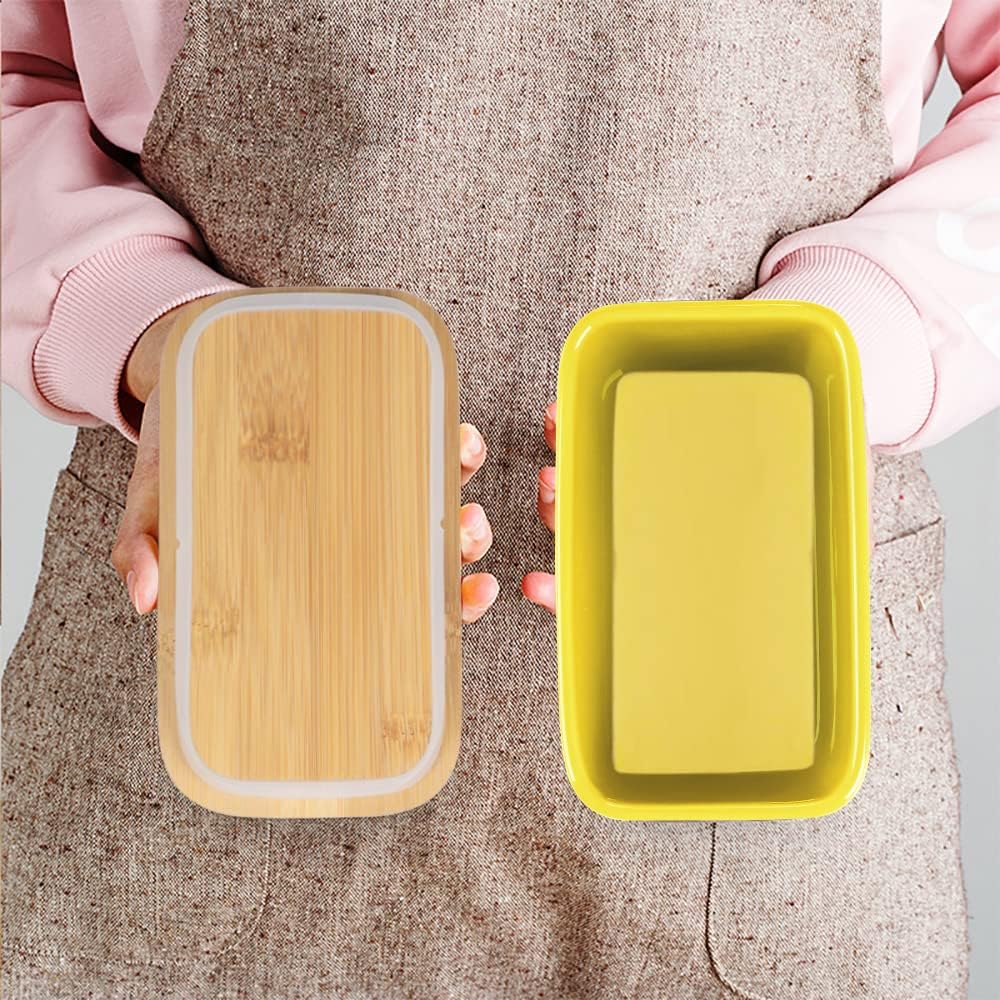 Ceramic Butter Dish with Wooden Lid, Large Butters Container Keeper Storage with Stainless Steel Knife Spreader, Bamboo Cover and Silicone Sealing Ring for West East Coast, Yellow