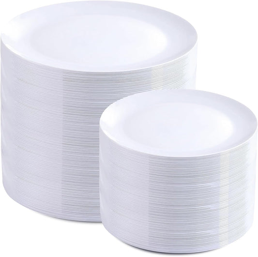 PULOTE 200 Pieces White Plastic Plates Disposable - Include 100PCS 10 inch Dinner & 100PCS 7 inch Dessert Plates, Ideal for Party & Wedding
