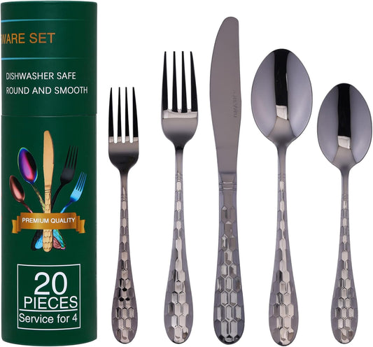 Hammered Silverware Set for 4, 20-Piece Black Flatware, 18/10 Stainless Steel Include Knife/Fork/Spoon, Tableware for Kitchen Restaurant, Dishwasher Safe (Black)