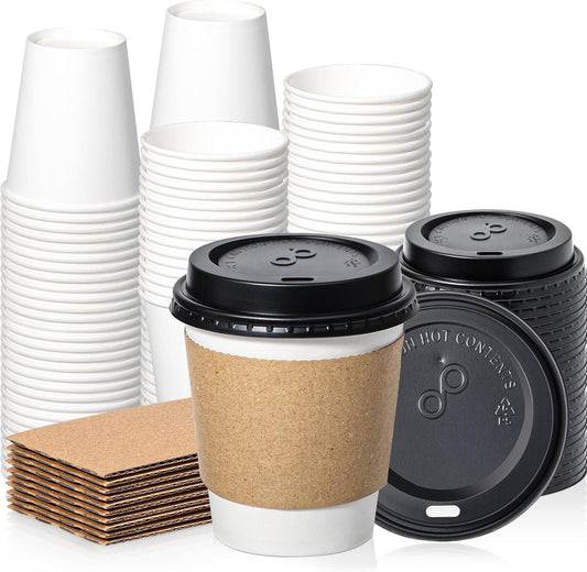 Fit Meal Prep 50 Pack 10 oz Disposable Coffee Cups with Lids, Sleeves, Leak-Proof To Go Coffee Cups with Lids, Durable Paper Cups for Hot Beverage, Home, Office, Party