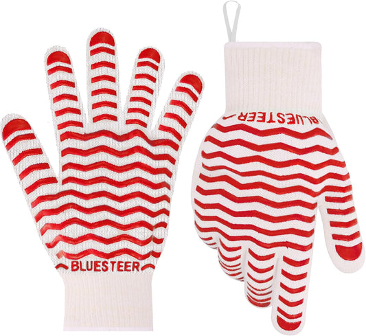 Oven Gloves 932°F Heat Resistant Oven Mitts with Fingers, Heat Proof BBQ Grill Gloves Silicone Grip Fireproof Gloves for Kitchen Cooking Grilling Baking