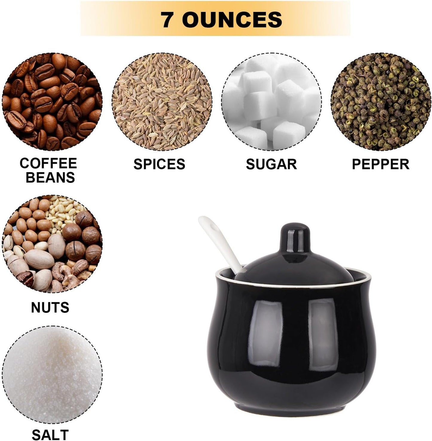 Ceramic Sugar Bowl with Lid and Spoon, Black Porcelain Sugar Salt Pepper Storage Jar, 8 Ounces