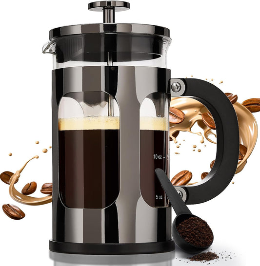 BAYKA 21 Ounce 0.6 Liter French Press Coffee Tea Maker Small, Heat Resistant Thickened Borosilicate Glass Stainless Steel Single Serve Brewer, Cold Brew Cafetera Teapot, Dark Pewter