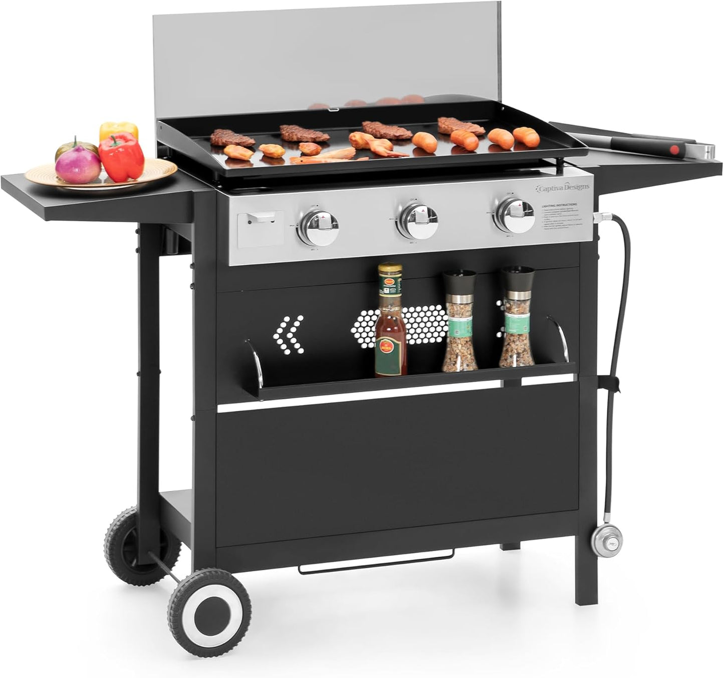 Captiva Designs 27 in Flat Top Griddle Grill with Ceramic Coated Cast Iron Pan, 3-Burner Propane Gas Griddle Grill, 33,000 BTU Output Flattop Grills for Outdoor Barbecue, Cooking and Party