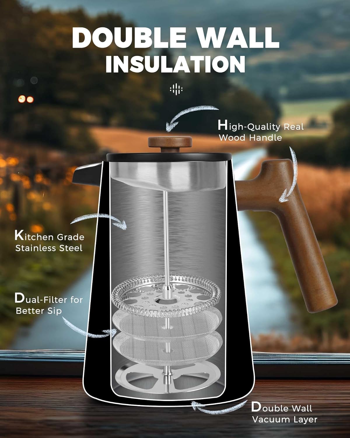 POLIVIAR French Press Coffee Maker, 34 oz Coffee Press with Real Wood Handle, Double Wall Insulation & Dual-Filter Screen, Food Grade Stainless Steel for Good Coffe and Tea, JX2025-XFPB