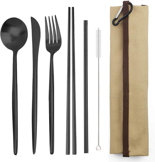 Portable 6 Pieces Flatware Set, 304 Stainless Steel Knife, Fork, Spoon, Chopsticks, Metal Straw, Cleaning Brush, Durable Travel Cutlery Set, Beige Pouch Bag, Black