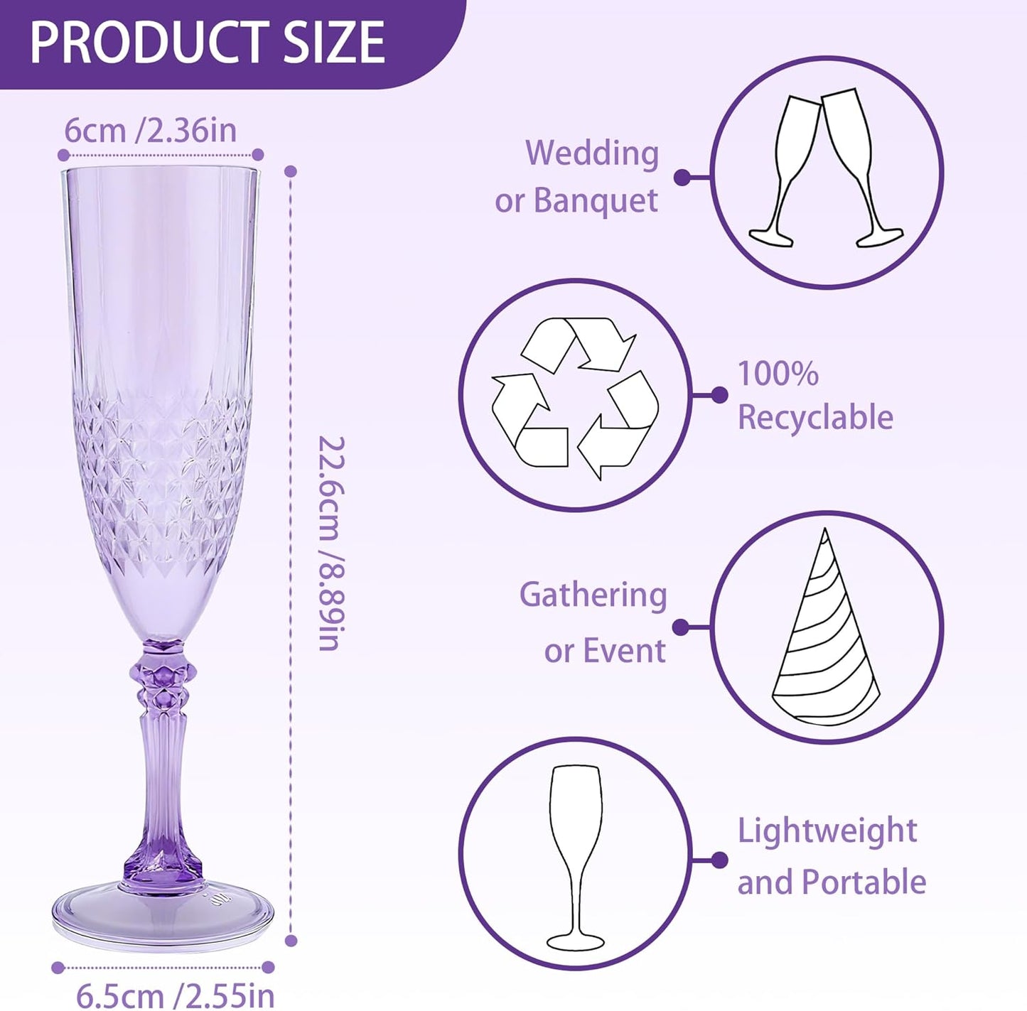Plastic Champagne Flutes, 24PCS Purple Wine Glasses Goblets Reusable Champagne Flute for Weddings, Bachelor Parties, Toasting, and Events(24,Purple)