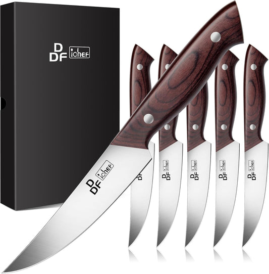 DDF iohEF Steak Knives Set of 6, Non-serrated Steak Knife 4.5 Inch High Carbon Japanese Stainless Steel Kitchen Steak Knife 6 Pieces Dinner Knives Ultra Sharp with Ergonomic Handle and Gift Box