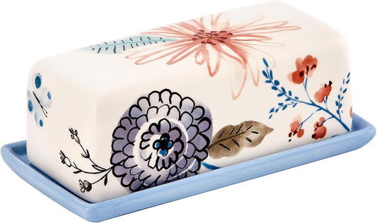 Bico Blossom Symphony Ceramic Butter Dish with Lid, Wide Butter Keeper for Counter, Kitchen Countertop, Microwave and Dishwasher Safe