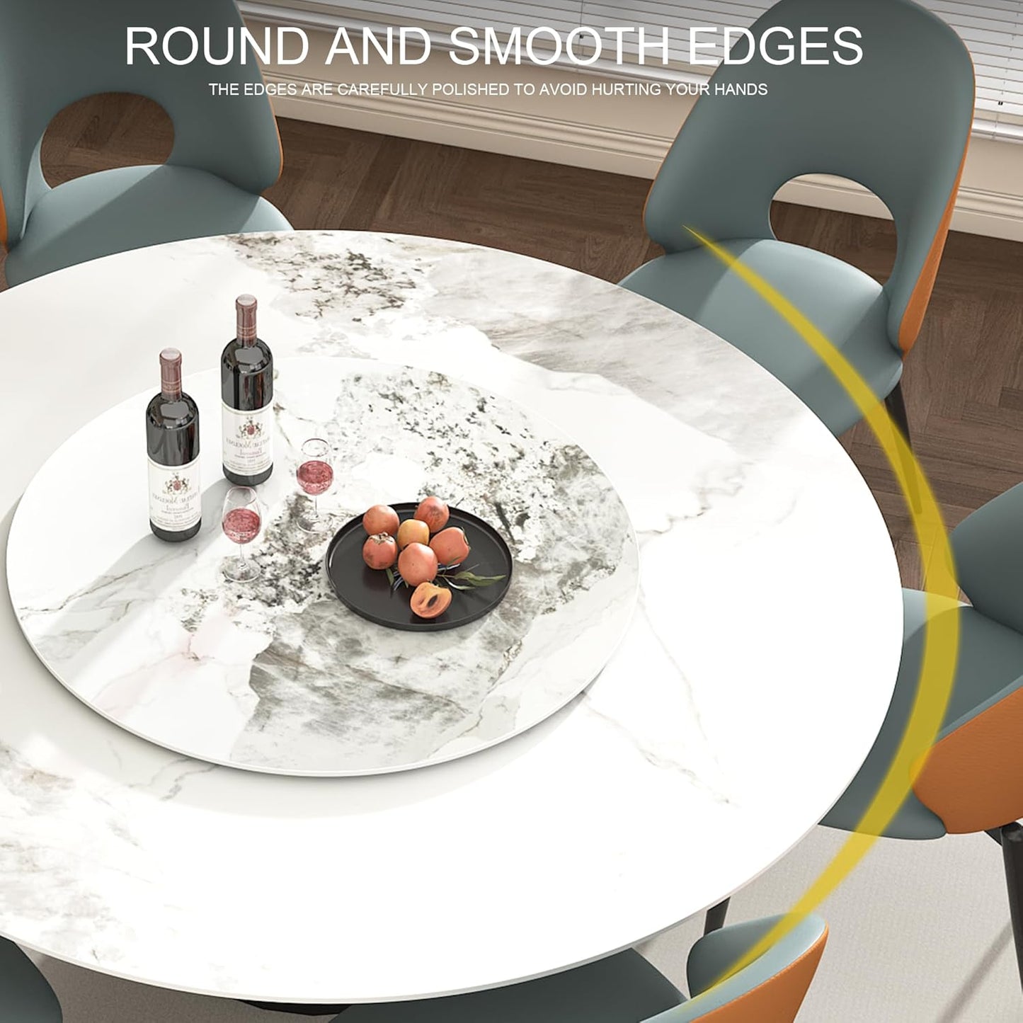 Montary 59" Modern Artificial Marble Round Dining Table with Black Stainless Steel Cone Base & 31.5" White Sintered Stone Turntable, Dining Room Table with Lazy Susan for 6-8 (Only Table)