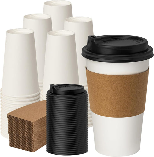 100 Pack 16 oz Disposable Coffee Cups with Lids and Sleeves, Paper Coffee Cups for Hot/Cold Drinks, Leak-Proof To Go Cups for Home, Cafes, Events and Office