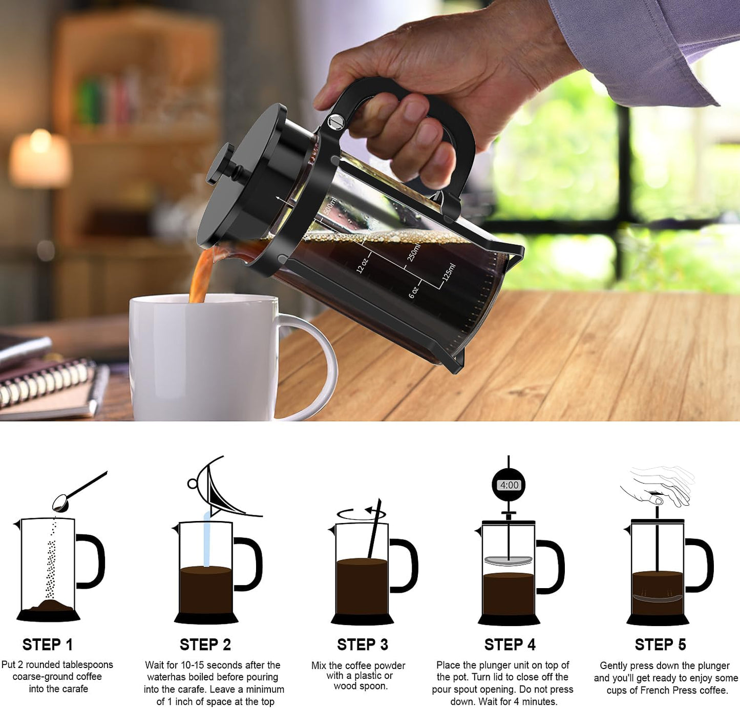 QUQIYSO French Press Coffee Maker 304 Stainless Steel French Press with 4 Filter, Heat Resistant Durable, Easy to Clean, Borosilicate Glass Coffee Press, 100% BPA Free Glass Teapot, 21 ounce, Black