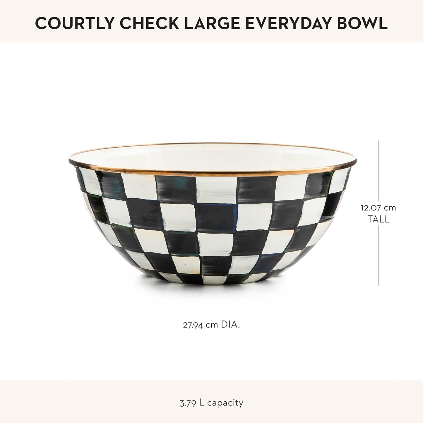 MACKENZIE-CHILDS Enamel Everyday Bowl, Serving Bowl for Entertaining, Large, Black-and-White Courtly Check, Set of 1