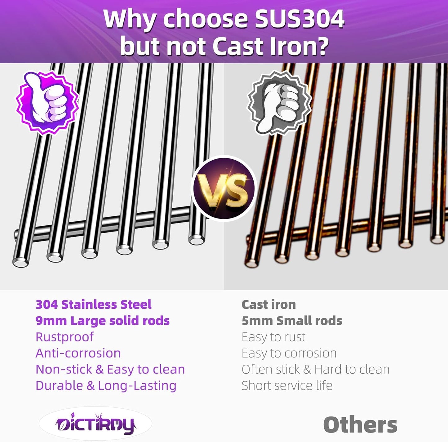 9MM 304 Stainless Steel Grill Grates for Weber Spirit E-210 E-220 S-210 S-220 Gas Grills with Front-Mounted Control 7637 Grill Replacement Parts for Weber Spirit I & II 200 Series 17.5 inch