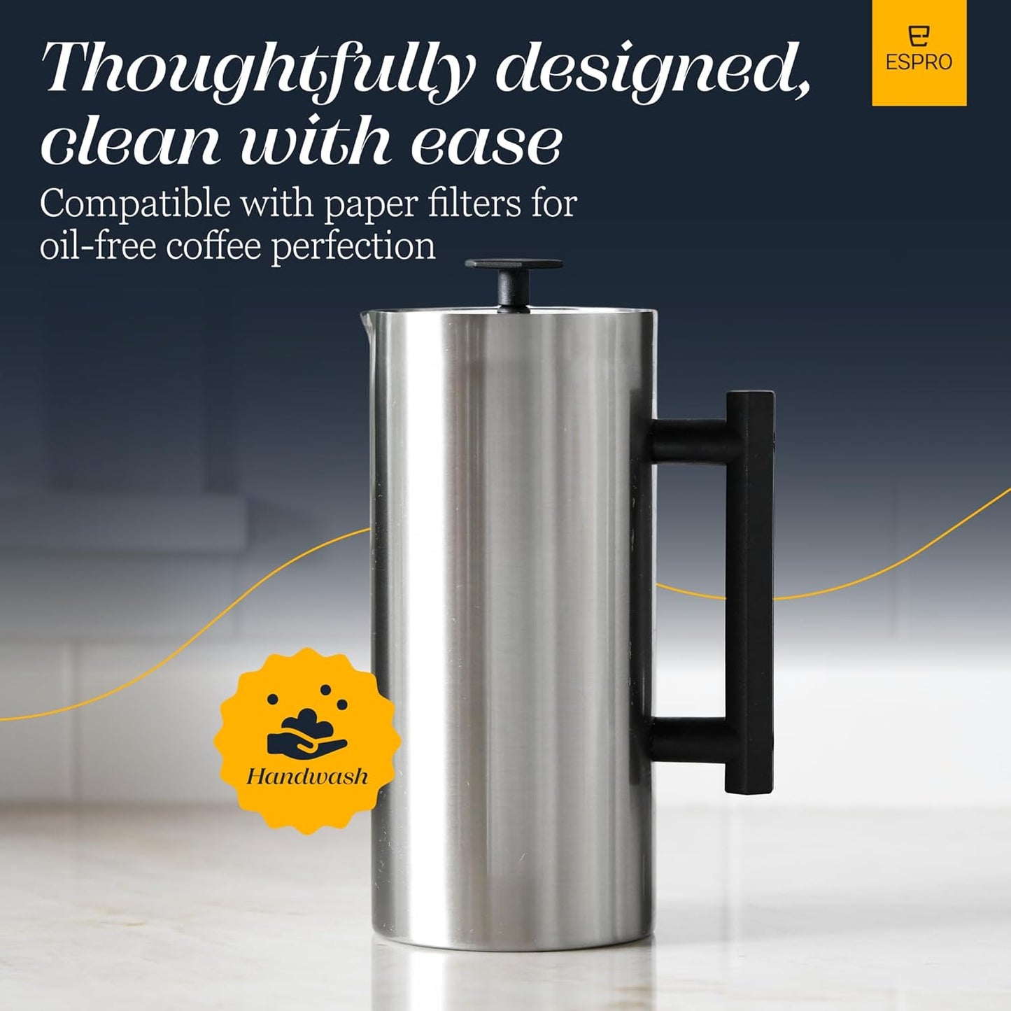 ESPRO P6 32 Ounces French Press Coffee Maker, Double Walled Stainless Steel Insulated, Brushed Stainless Steel