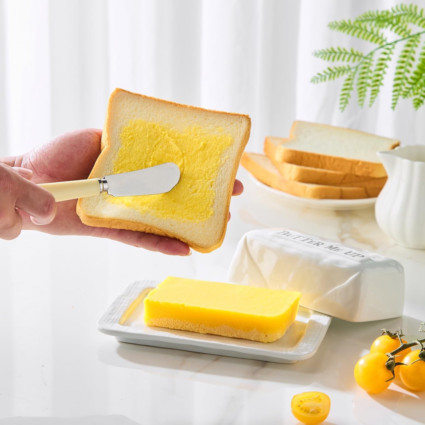 Butter Dish with Lid for Countertop, 7.2" x 4.7" Ceramic Butter Keeper Container, White Butter Holder Tray for East West Coast Butter Stick, Microwave & Dishwasher Safe