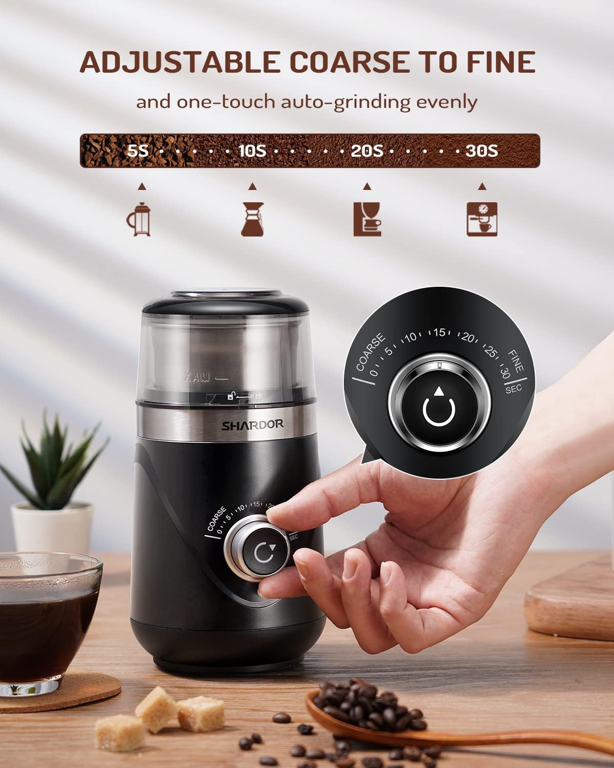 SHARDOR Electric Super Silent Blade Coffee Grinder, Timed Grind Control Rotary Knob, Adjustable Coarse to Fine for Coffee Beans, Spices & Herbs, with 1 Removable Stainless Steel Bowl, Black