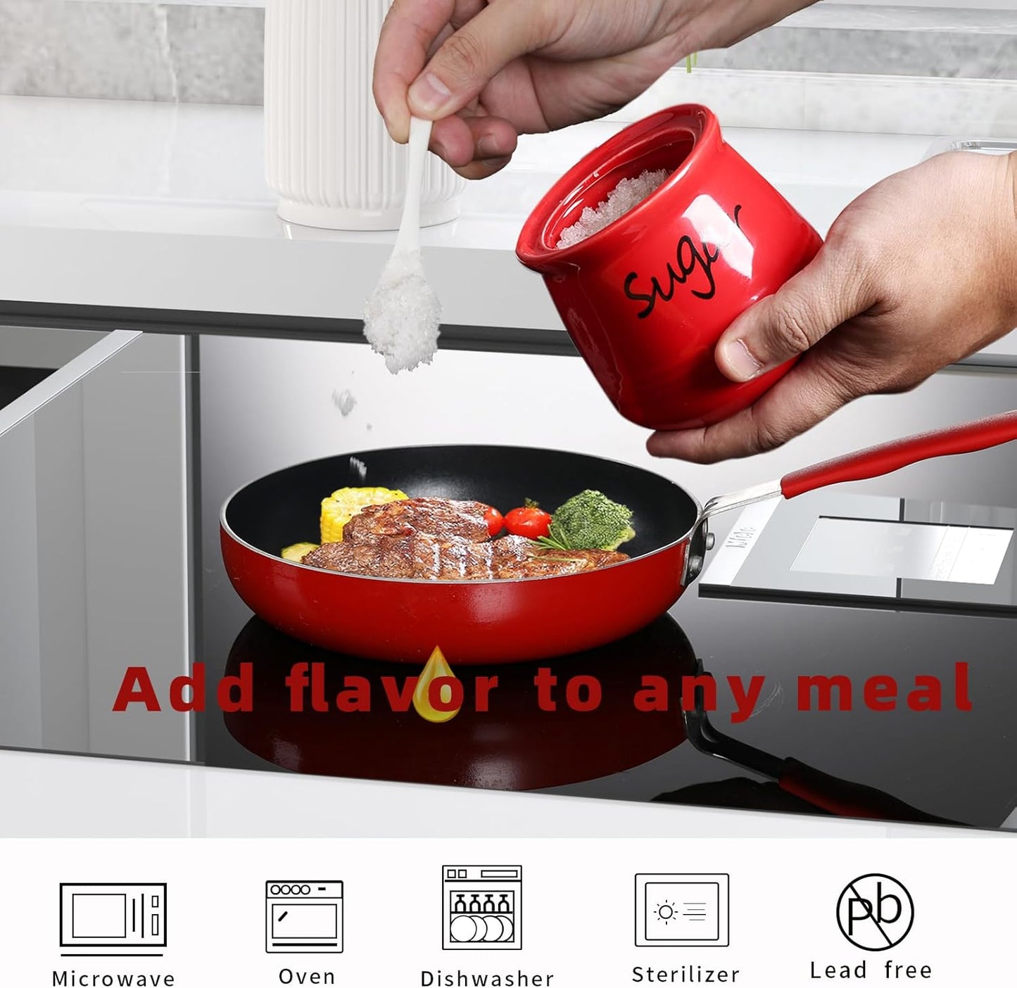 ONTUBE Ceramic Sugar Bowl with Lid and Spoon 12oz (Red)