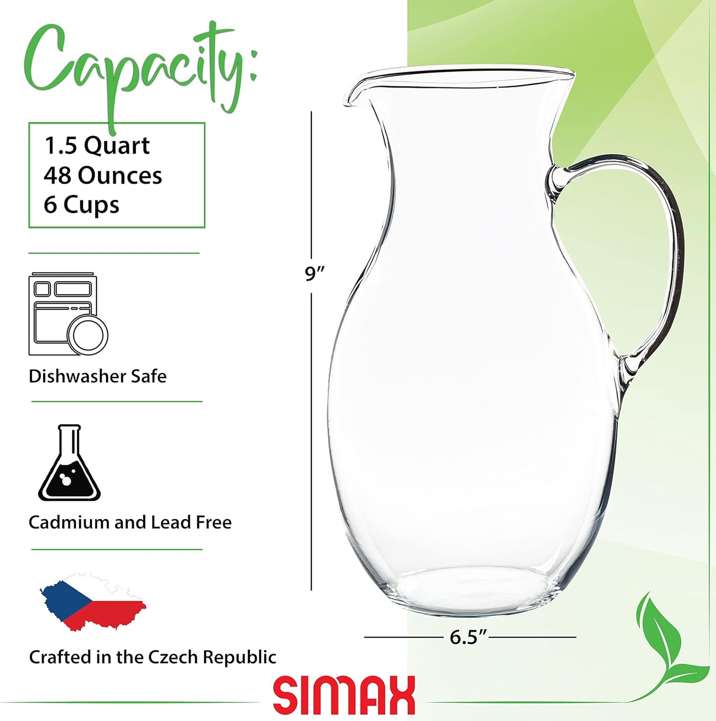 Simax Glass Pitcher With Spout, 1.5 Quart Borosilicate Glass Pitchers With Handle, Made in Europe Glass Water, Cocktail, Margarita, Sangria Pitcher