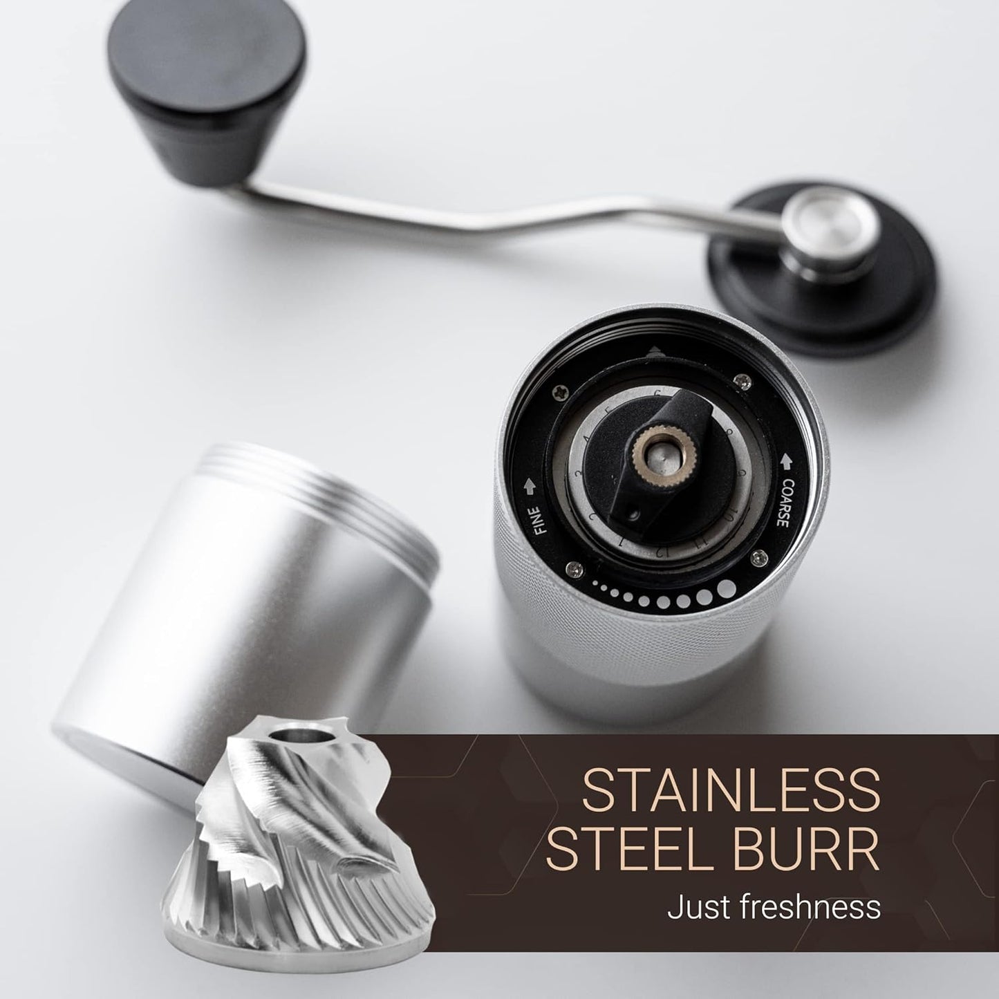 Manual Coffee Grinder by Alpaca Ventures - Stainless Steel Conical Burr Coffee Grinder Manual with Adjustable Setting Double Bearing Hand Espresso Grinder Perfect for Home, Office and Camping