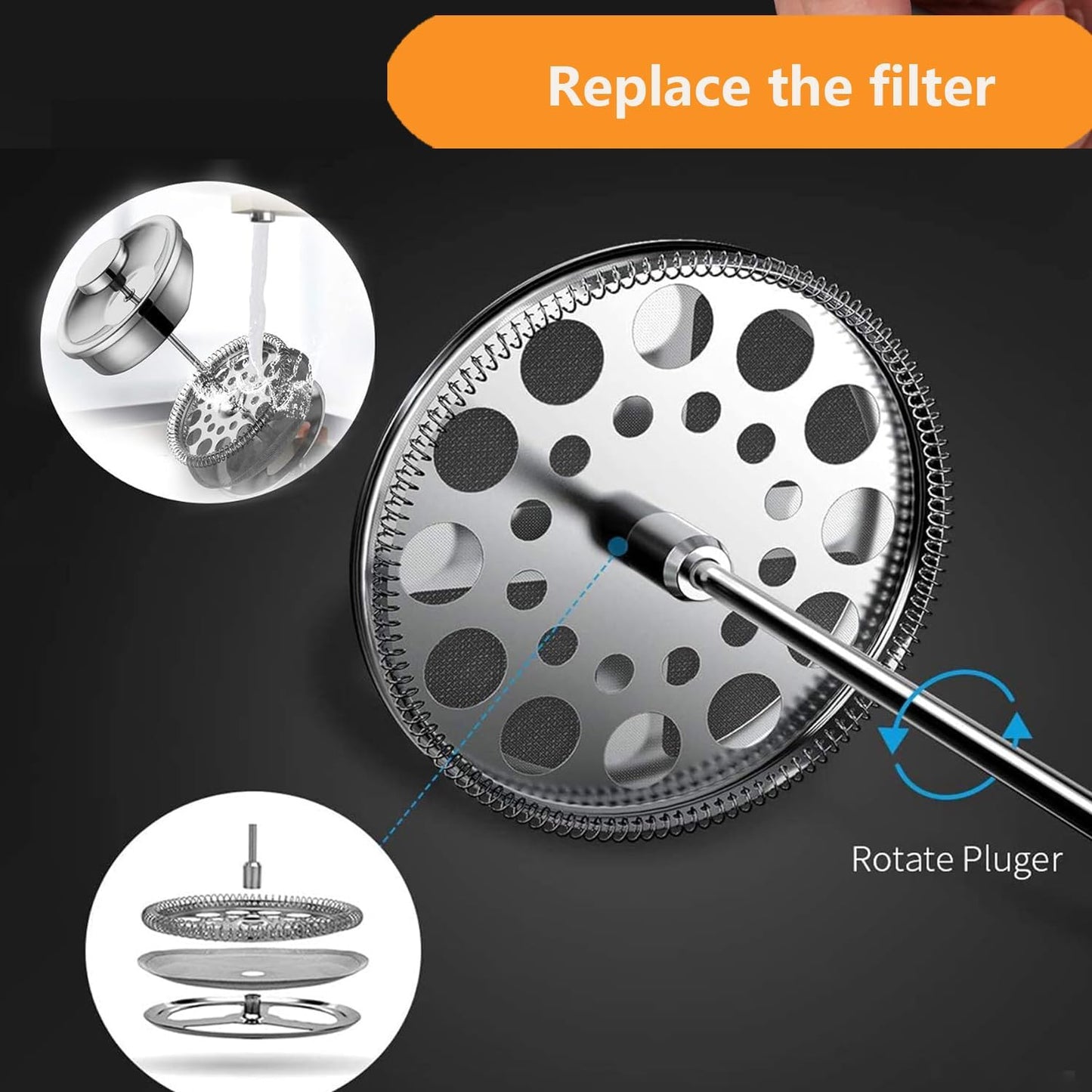 Stainless Steel French Press Coffee Maker 1500ml, Double-Wall Insulated Large French Coffee Press for travel camping，Large Capacity, （50oz, Silver）