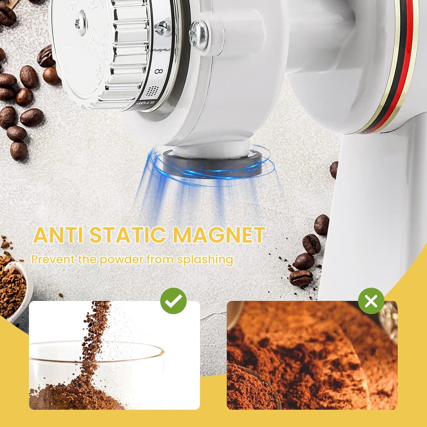 Burr Coffee Grinder Electric Espresso Grinder Commercial & Homeuse Silent Small Coffee Bean Grinder with Hopper Adjustable Grind, With Brush, Spoon, White