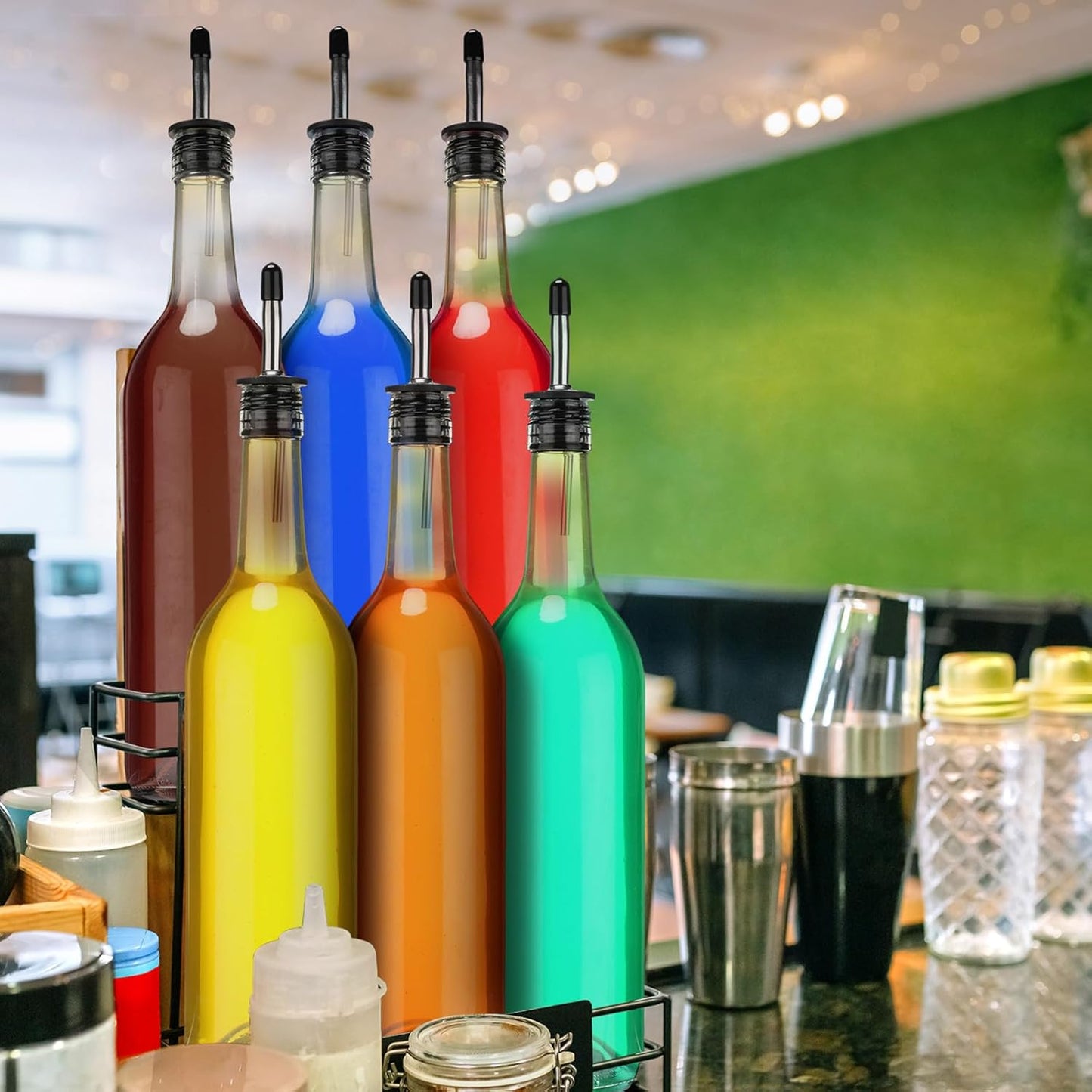 Maxdot 5 Pcs Long Neck Glass Bottles with Pourer Bordeaux Wine Bottle Clear Empty Wine Syrup Juice for Home Bar Liquor Juice Making Wedding Anniversary Party