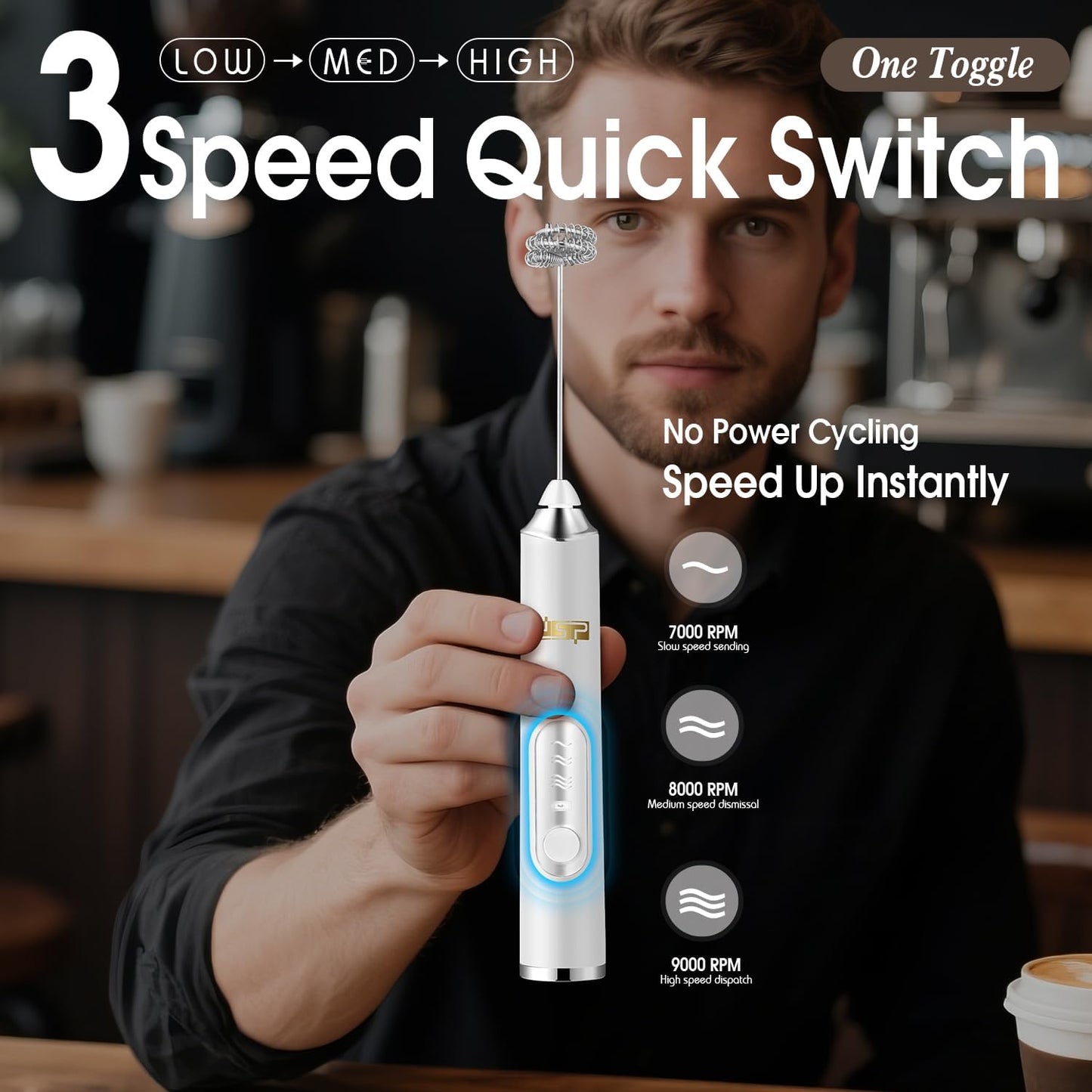 DSP Handheld Milk Frother Rechargeable, Electric Whisk for Coffee, 2 Stirring Rods 3 Speed Adjustable, Low Noise Drink Whisk for Lattes, Matcha, Hot Chocolate, Egg (Blizzard White)