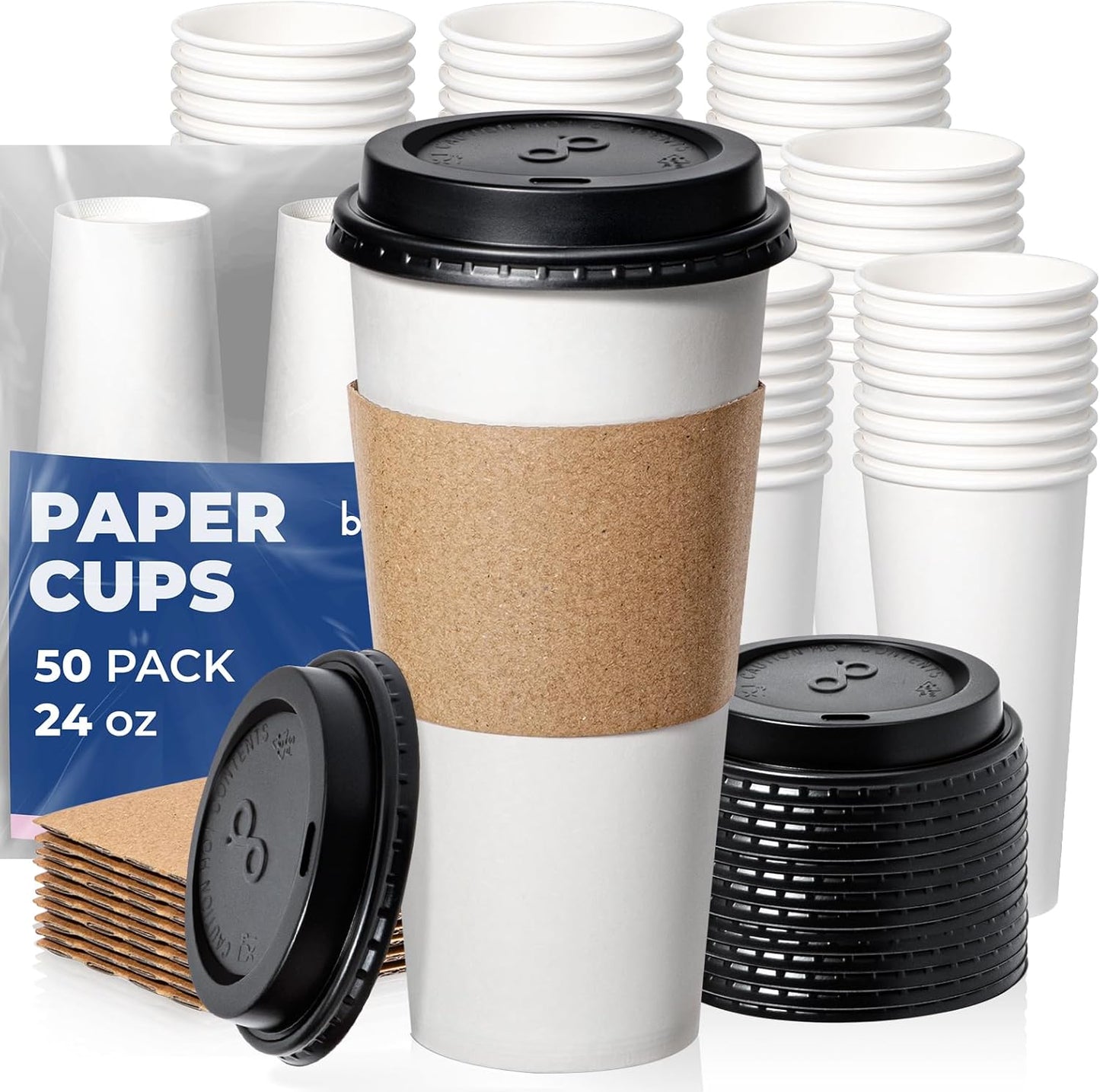 Fit Meal Prep 24 oz 50 Pack To Go Coffee Cups with Lids and Sleeves, Disposable Paper Coffee Cups with Lids for Hot/Cold Beverage