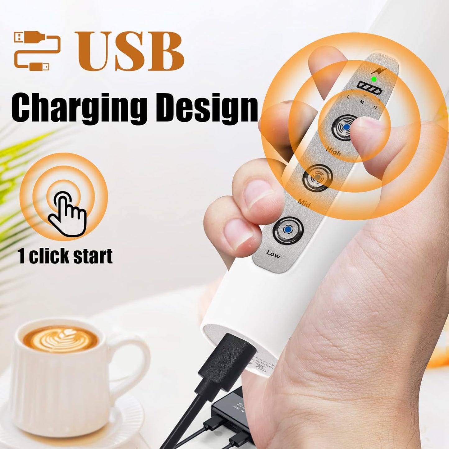 Nahida White Milk Frother Wand for Coffee, Frother Handheld Rechargeable Electric Whisk with 3 Heads 3 Speeds Drink Mixer Coffee Frother Foam Maker For Latte, Cappuccino, Hot Chocolate, Egg