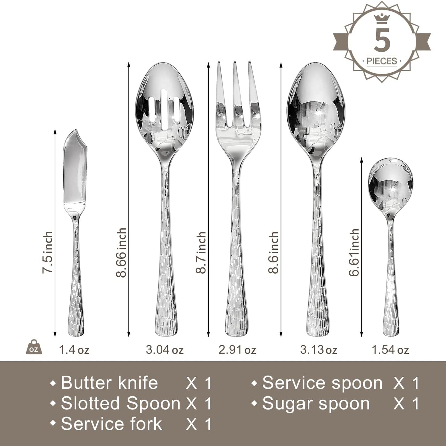 KINGSTONE Hammered 5-Piece Serving Utensil Set, 18/10 Stainless Steel Flatware for Catering, Party Include Spoons, Slotted Spoon, Fork, Butter Knife - Mirror Finish & Dishwasher Safe