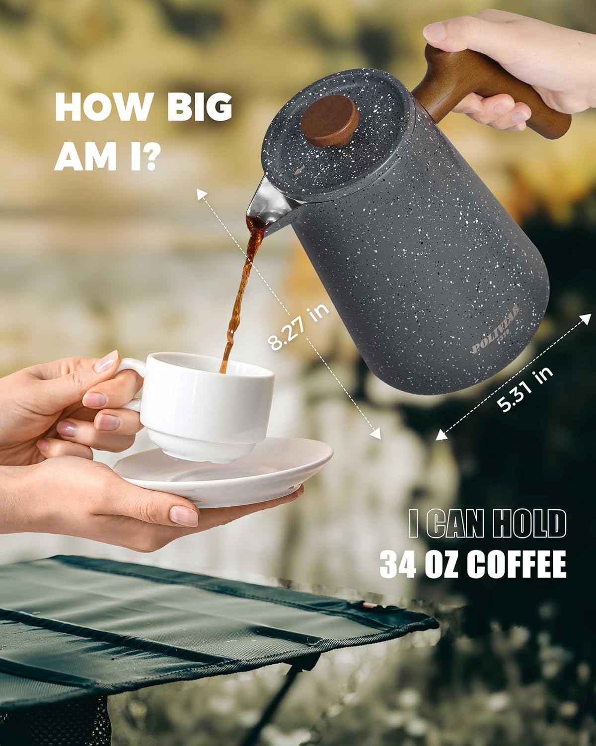 POLIVIAR French Press Coffee Maker, 34 oz Coffee Press with Real Wood Handle, Double Wall Insulation & Dual-Filter Screen, Food Grade Stainless Steel for Good Coffe and Tea, JX2025-XFPG