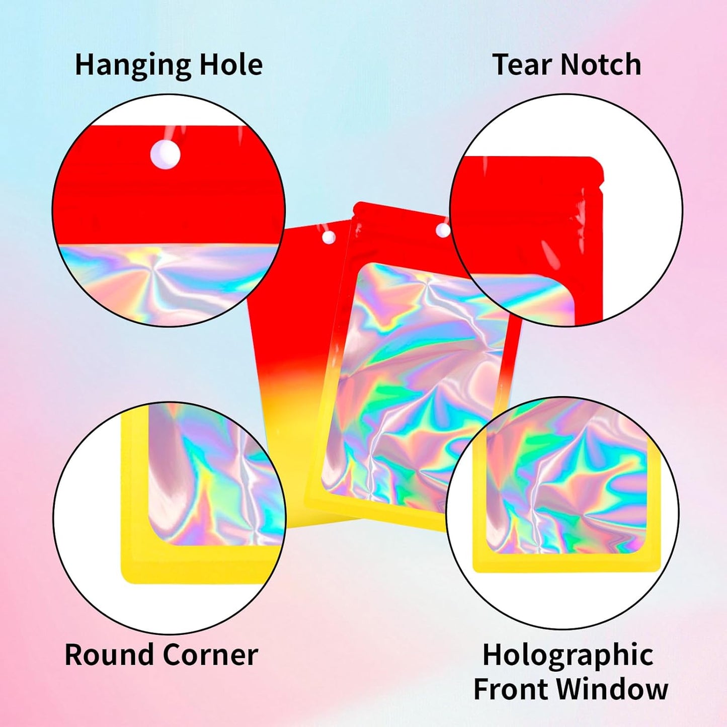 200 Pack Resealable Mylar Holographic Bags Food Storage Smell Proof Bags with Front Window Foil Packaging Pouch for Candy Sample Jewelry Small Business 2.95×4.72 Inch, Red Fade Yellow