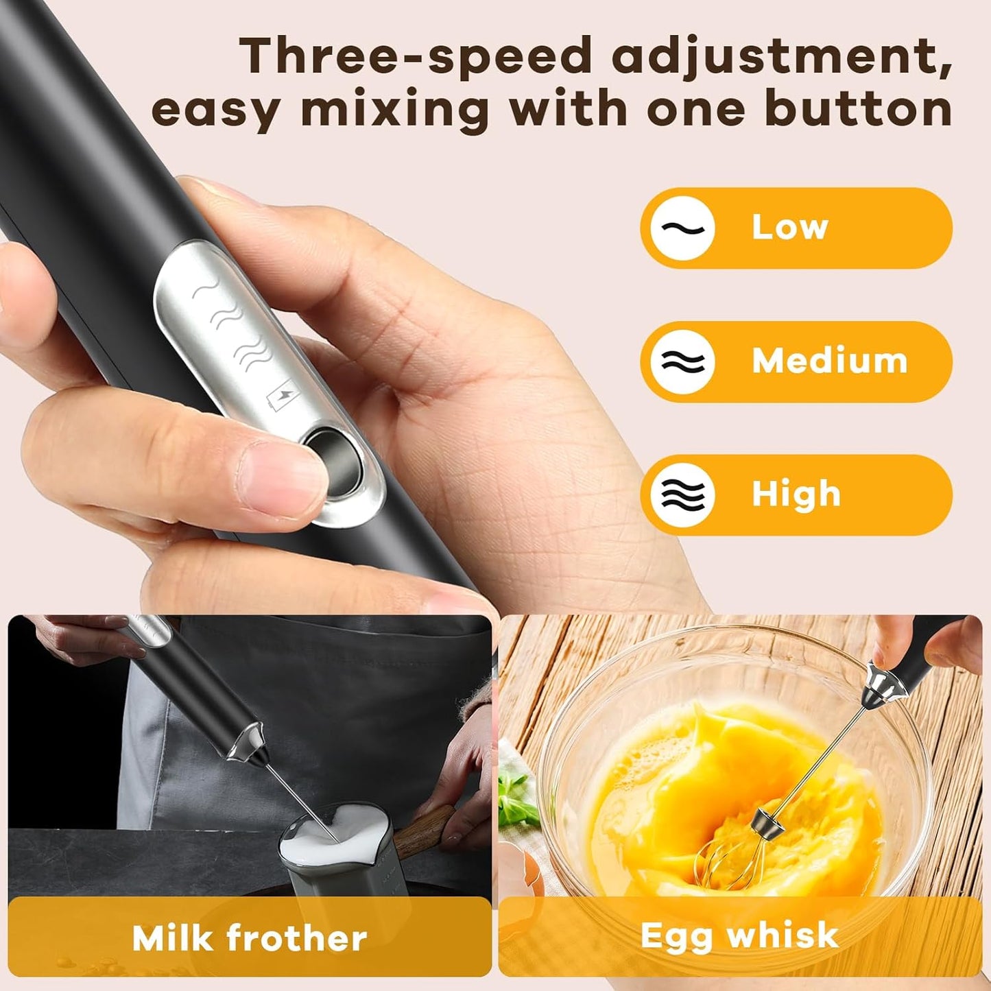 Milk Frother Handheld Rechargeable with Stand, Frother Wand Foam Maker 3 Speed Adjustable Drink Mixer with Detachable Stainless 2 Whisks Electric Coffee Frother Stirrer For Latte, Cappuccino, Egg