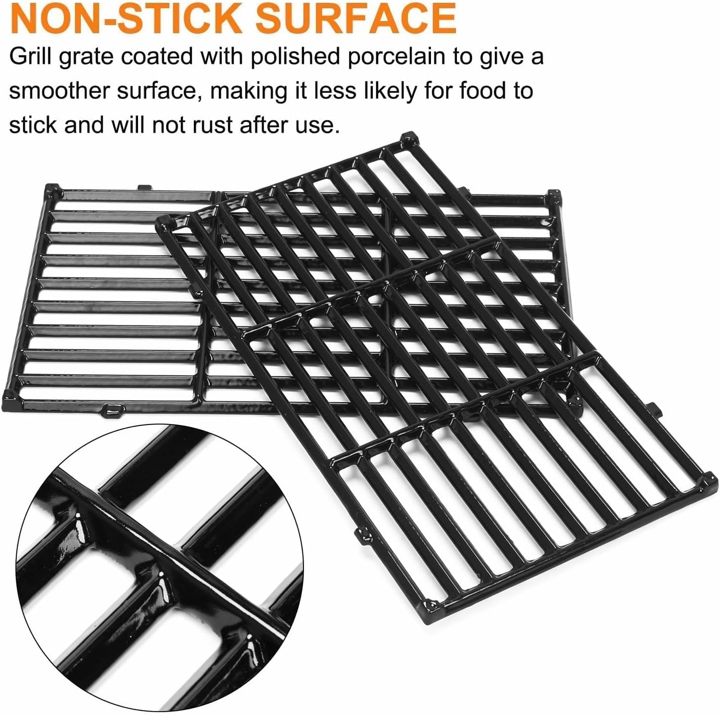 Uniflasy 17.5" Porcelain-Enameled Cast Iron Grill Grates for Weber Spirit E-210 S-210 E-220 S-220, Spirit I & II 200 Series with Front Control, 7637 Polished Grill Grate Replacement Parts, 2-Pack