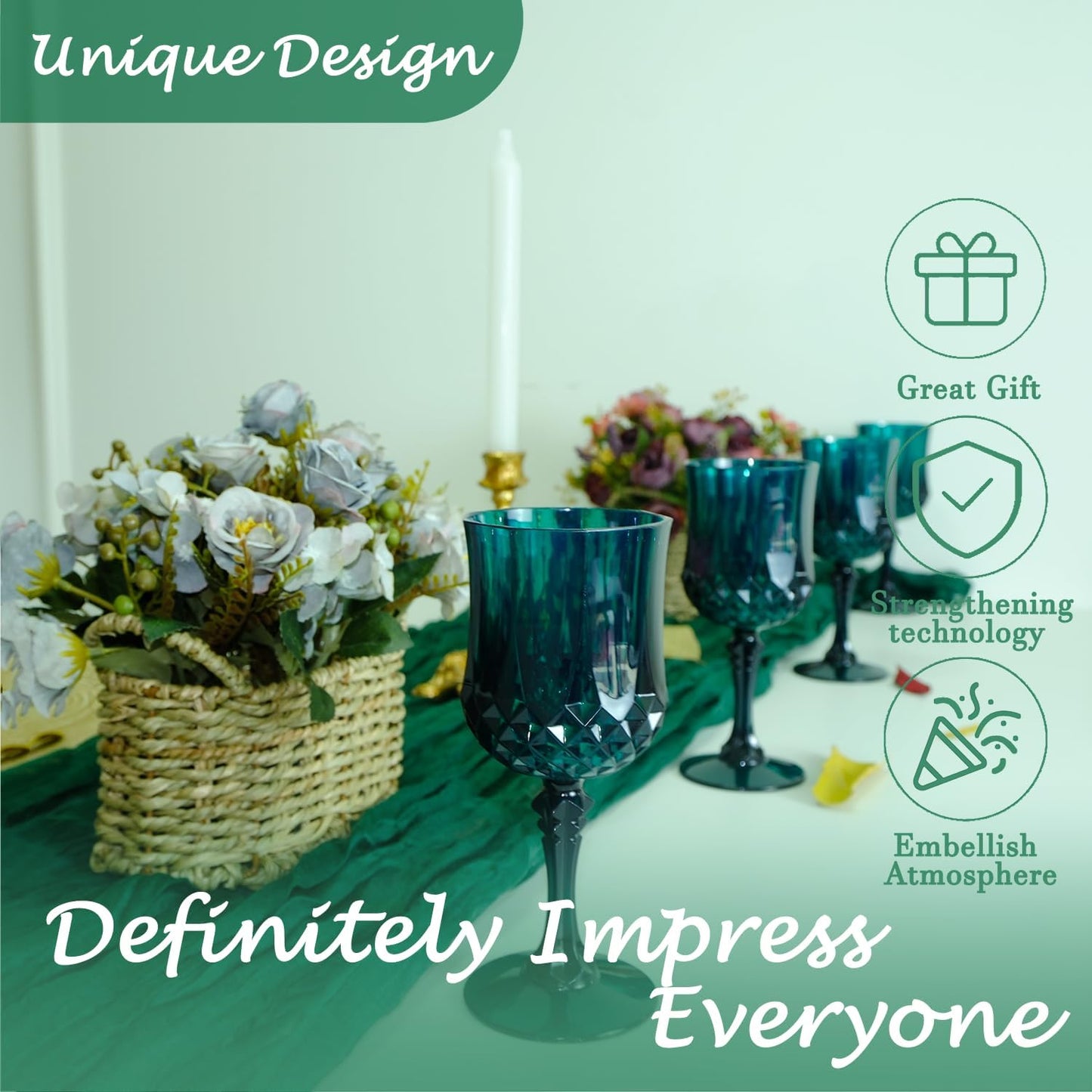 Plastic Wine Glasses，Plastic Goblets Vintage Style Cordial Drinking Glasses for Wedding Reception, Grand Event Party Supplies (48, Green)