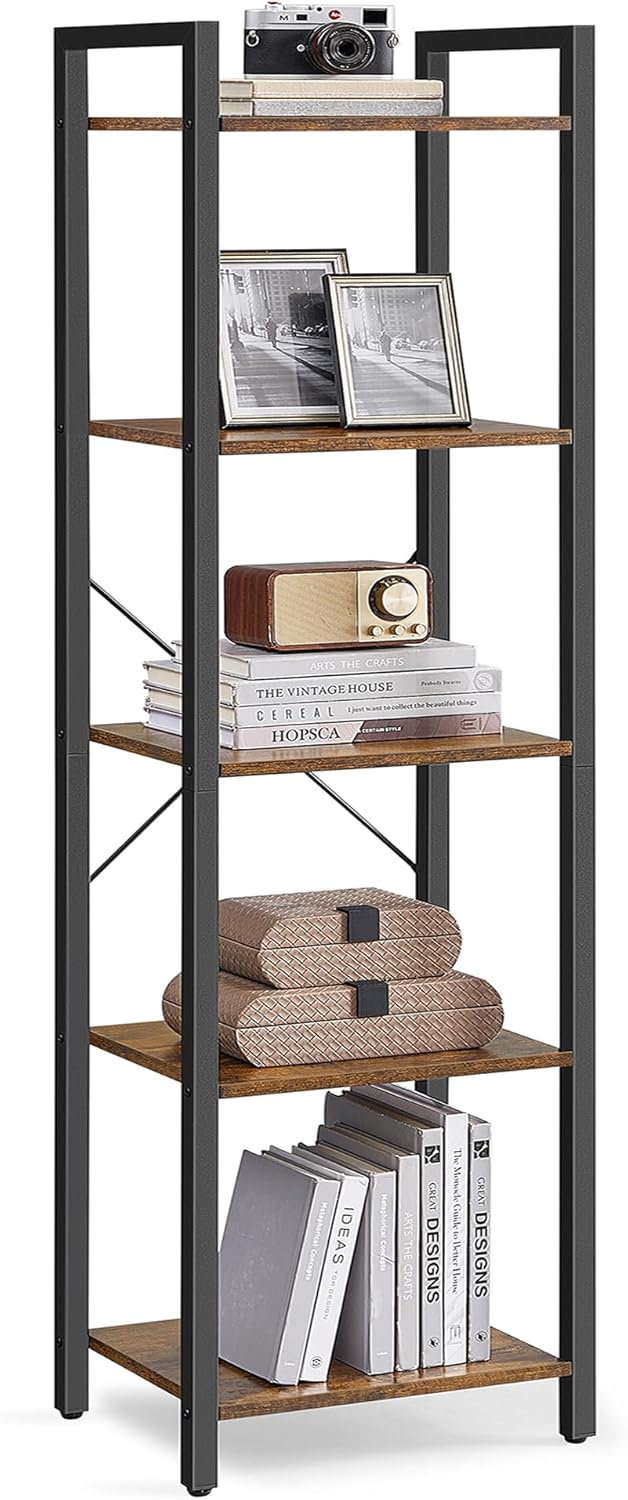 VASAGLE 5-Tier Bookshelf, Bookcase with Steel Frame, Book Shelf for Living Room, Home Office, Study, 11.8 x 15.7 x 60.2 Inches, Industrial Style, Rustic Brown and Ink Black ULLS100B01